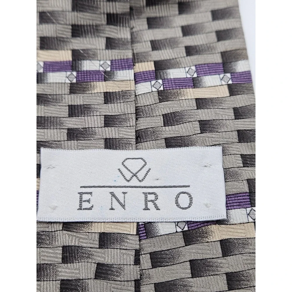 Enro Mens Silk Tie Grey Purple Geometric Basketweave Pattern Made in‎ USA 4 Inch